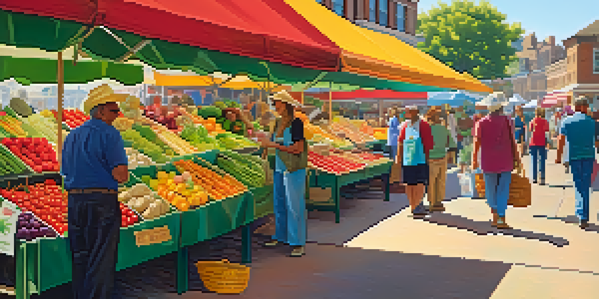 A lively farmer's market filled with fresh fruits and vegetables, with colorful stalls and people shopping under a warm sun.