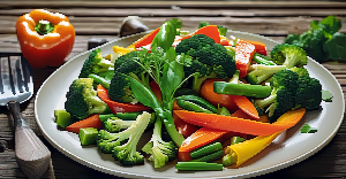 A colorful vegetable stir-fry with bell peppers, broccoli, and carrots displayed on a rustic wooden table, illuminated by soft natural light.