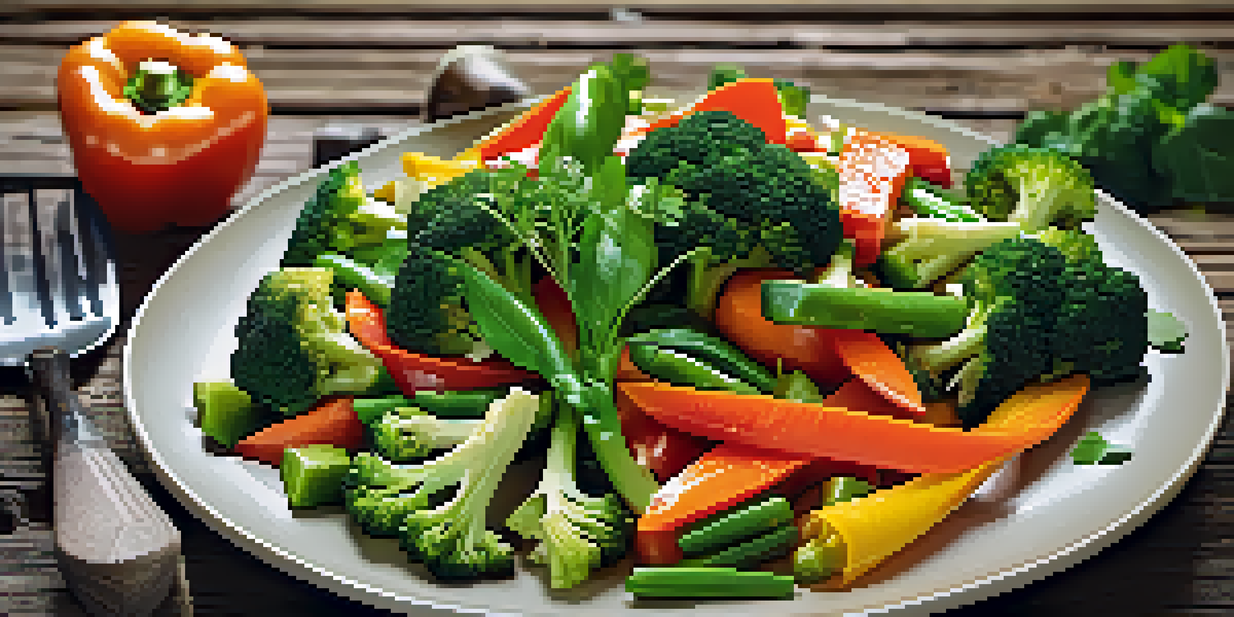 A colorful vegetable stir-fry with bell peppers, broccoli, and carrots displayed on a rustic wooden table, illuminated by soft natural light.