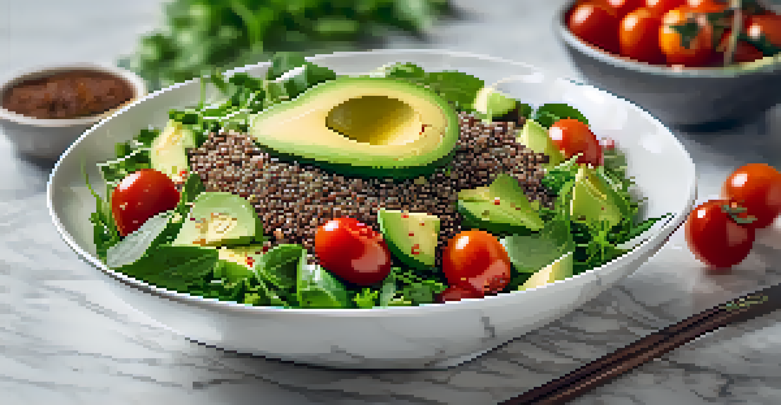 A bowl of colorful vegan salad with greens, quinoa, and avocado on a marble countertop.