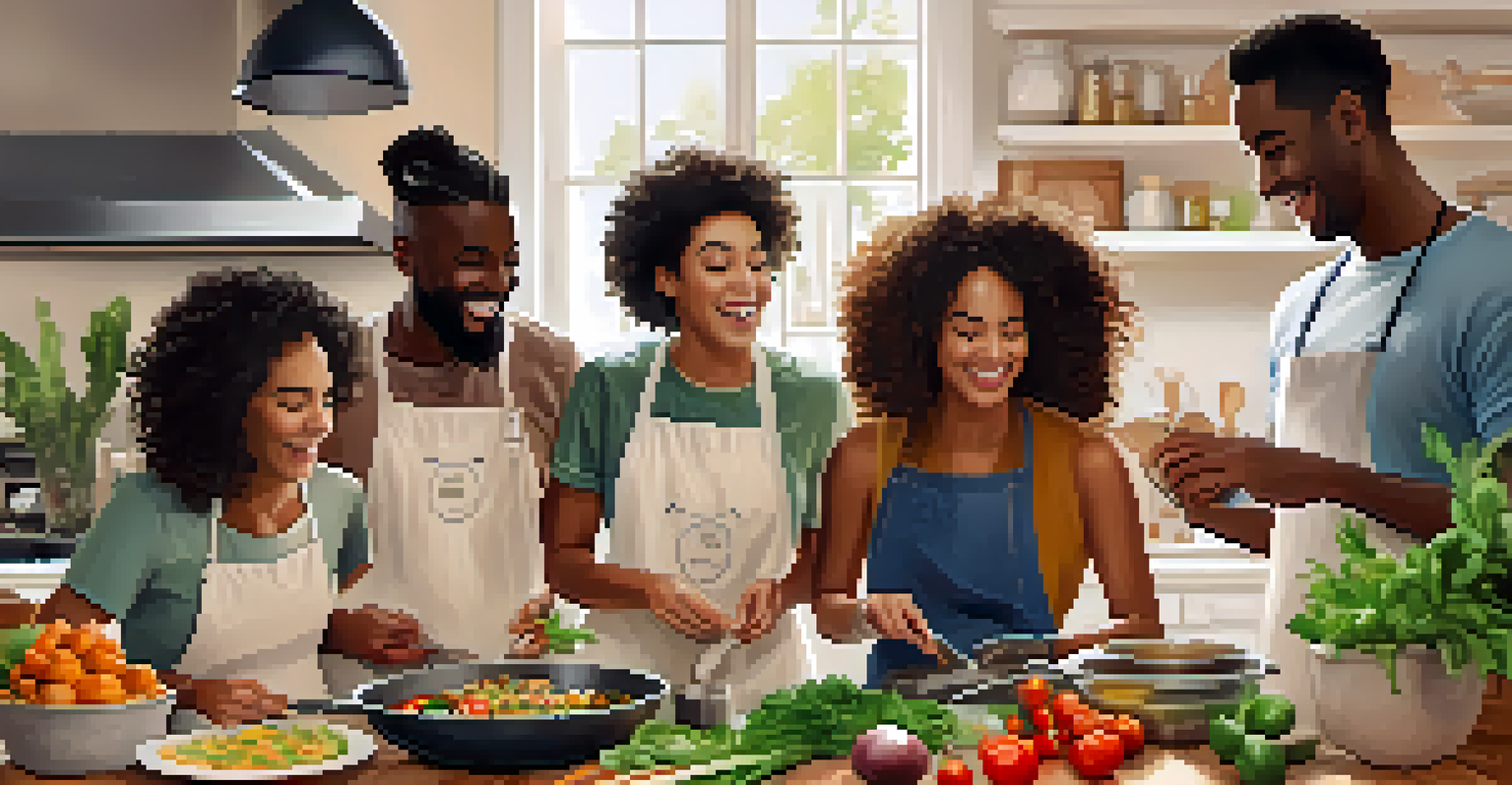 A group of friends joyfully cooking in a kitchen with a plant-based meal kit, surrounded by fresh ingredients.