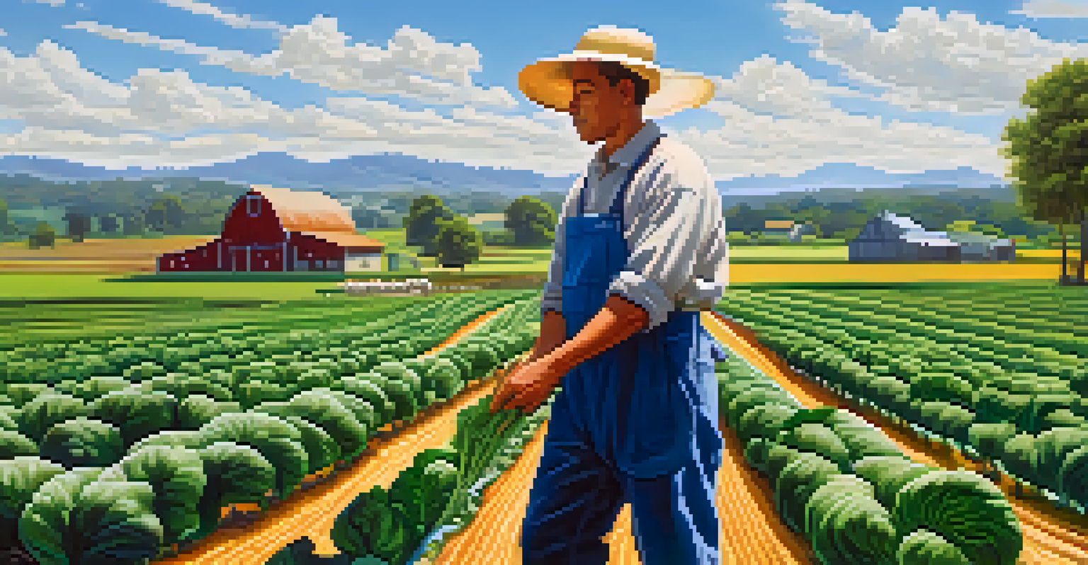 A peaceful green farm with rows of vegetables and a farmer working, set against a clear blue sky, illustrating the concept of local and sustainable agriculture.