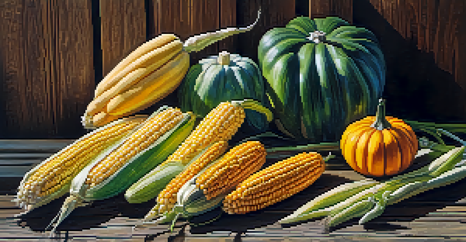 Close-up of corn, beans, and squash arranged on a wooden table, highlighting their vibrant colors and textures.