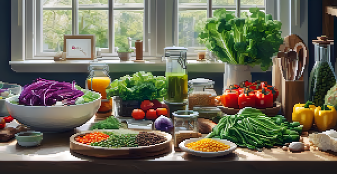 A vegetarian meal prep station with colorful ingredients and glass containers filled with salads and roasted vegetables, illuminated by natural light.