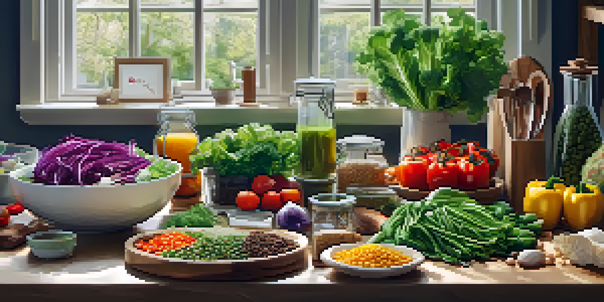 A vegetarian meal prep station with colorful ingredients and glass containers filled with salads and roasted vegetables, illuminated by natural light.