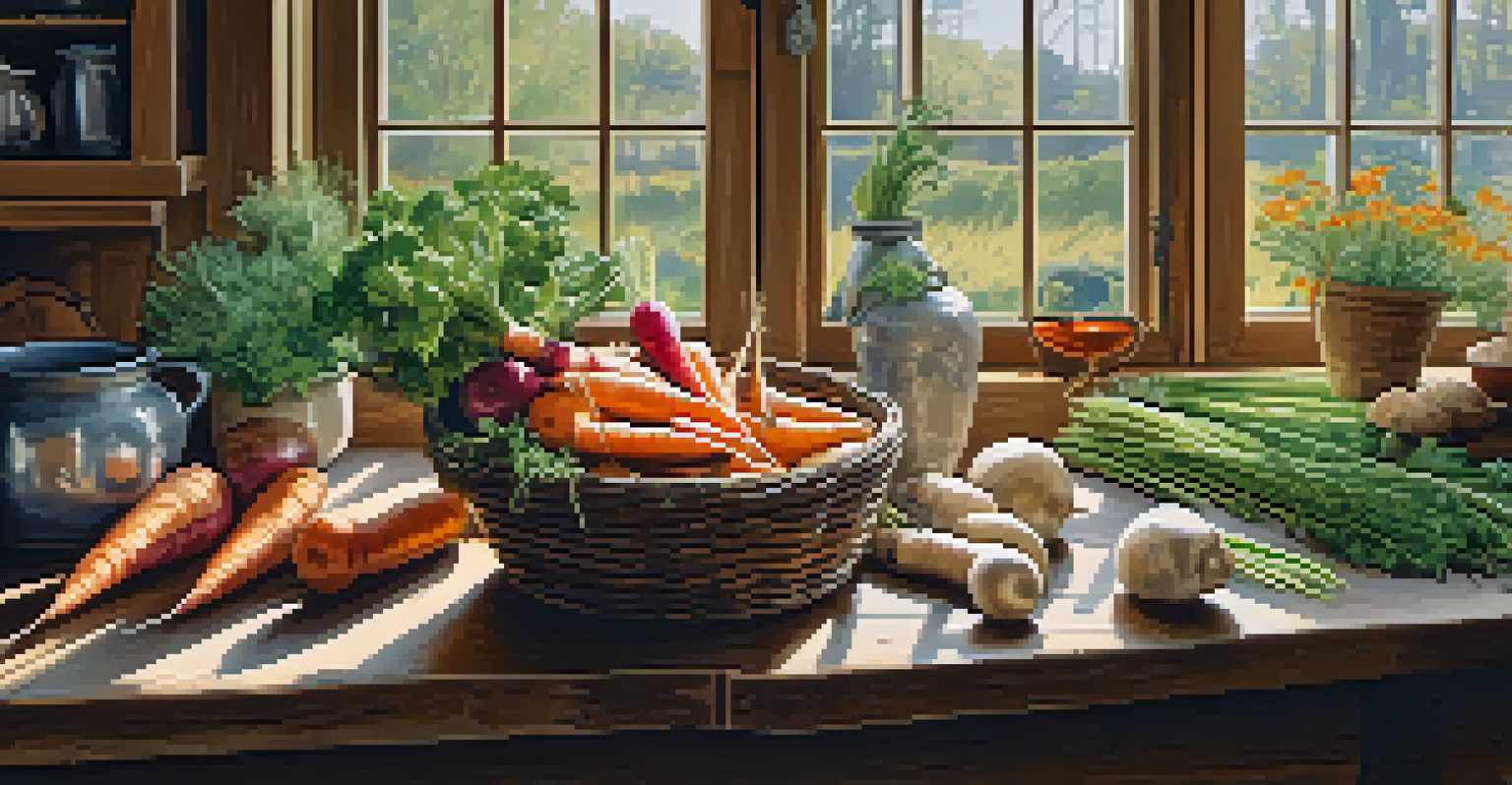 A cozy Nordic kitchen with a wooden table displaying seasonal vegetables and herbs, illuminated by sunlight from a window.