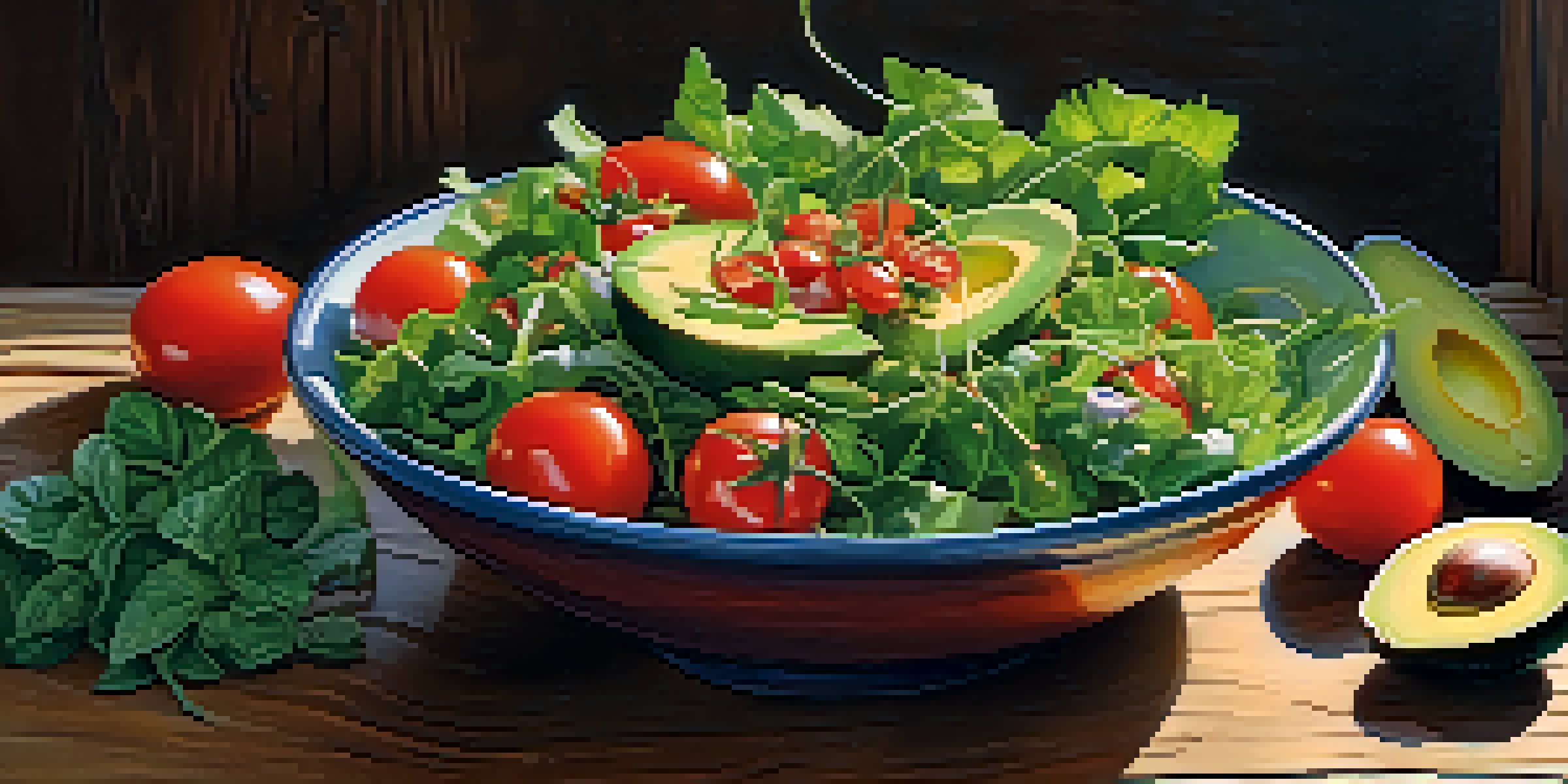 A colorful salad bowl filled with fresh greens, tomatoes, and avocado, illuminated by sunlight on a wooden table.