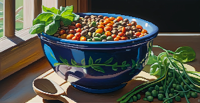 A close-up view of a bowl filled with colorful legumes, fresh vegetables, and a wooden spoon, illuminated by natural sunlight.