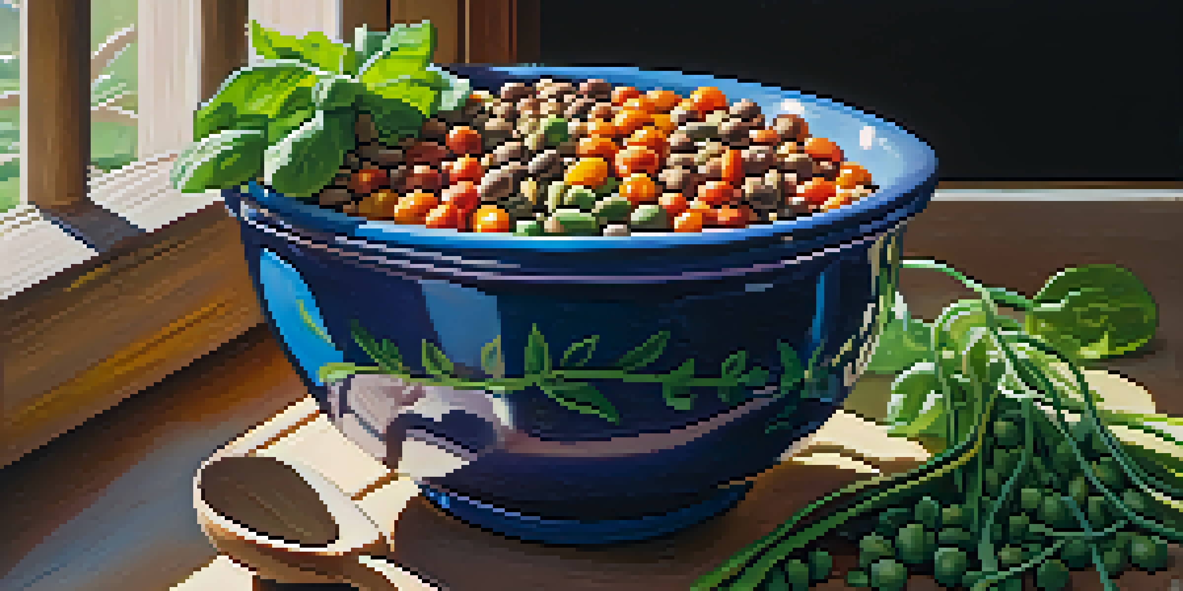 A close-up view of a bowl filled with colorful legumes, fresh vegetables, and a wooden spoon, illuminated by natural sunlight.