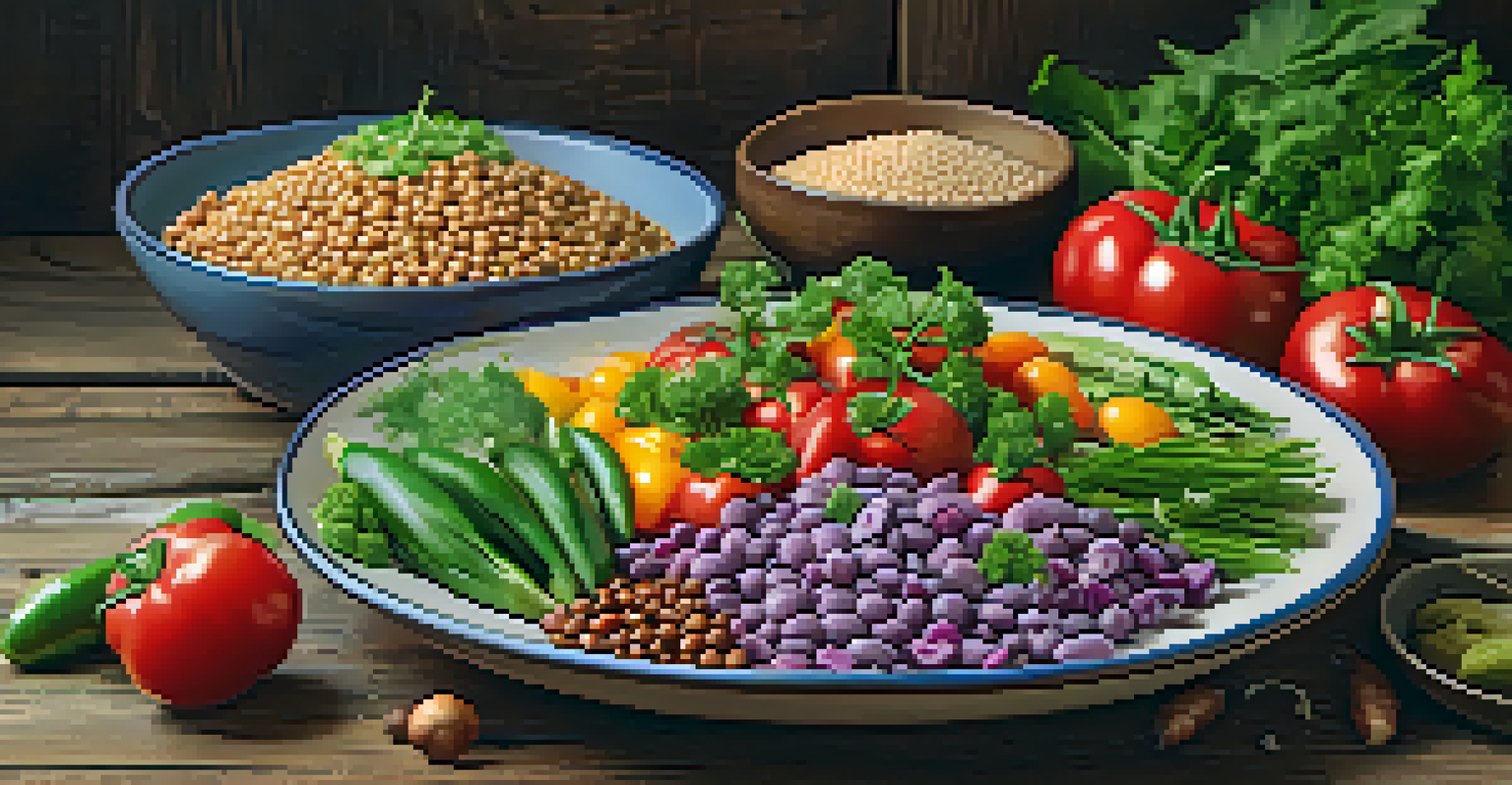 A colorful plate of vegetarian food with various vegetables, grains, and herbs, beautifully presented on a wooden table.