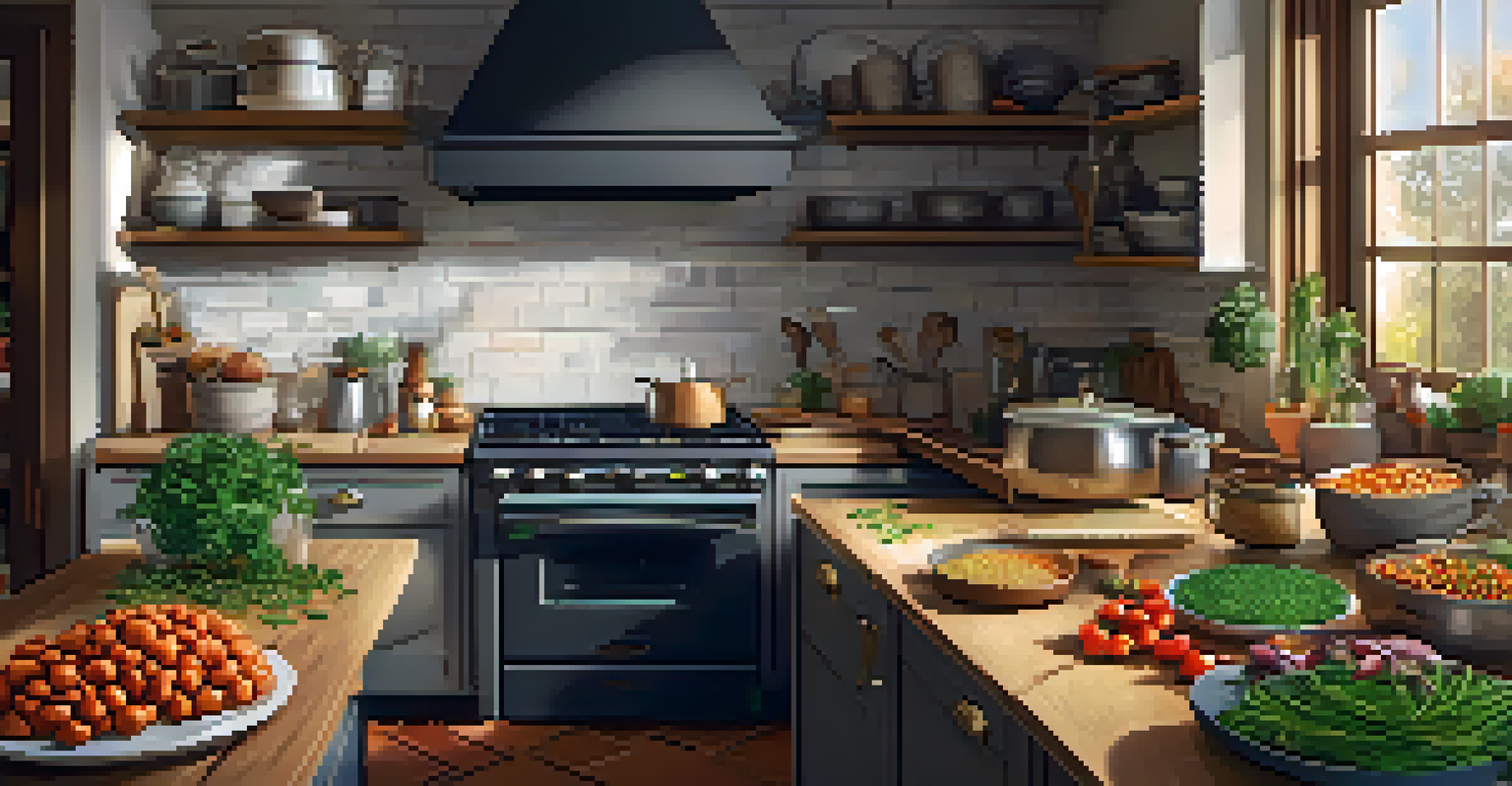 A cozy kitchen with a pot of lentil soup on the stove and a tray of roasted vegetables cooling on the counter, surrounded by organized ingredients and warm lighting.
