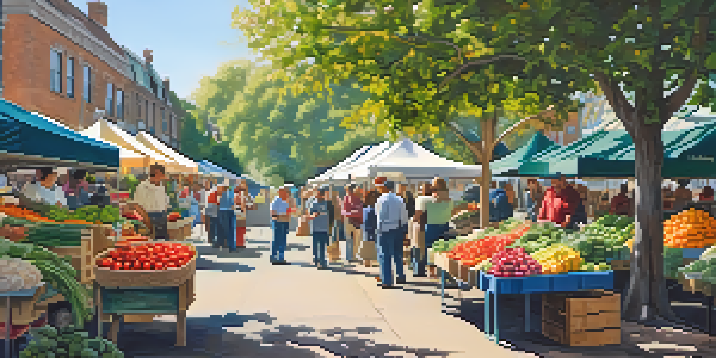 A busy farmer's market filled with colorful fresh vegetables and fruits, with people engaging and shopping in a sunny outdoor setting.