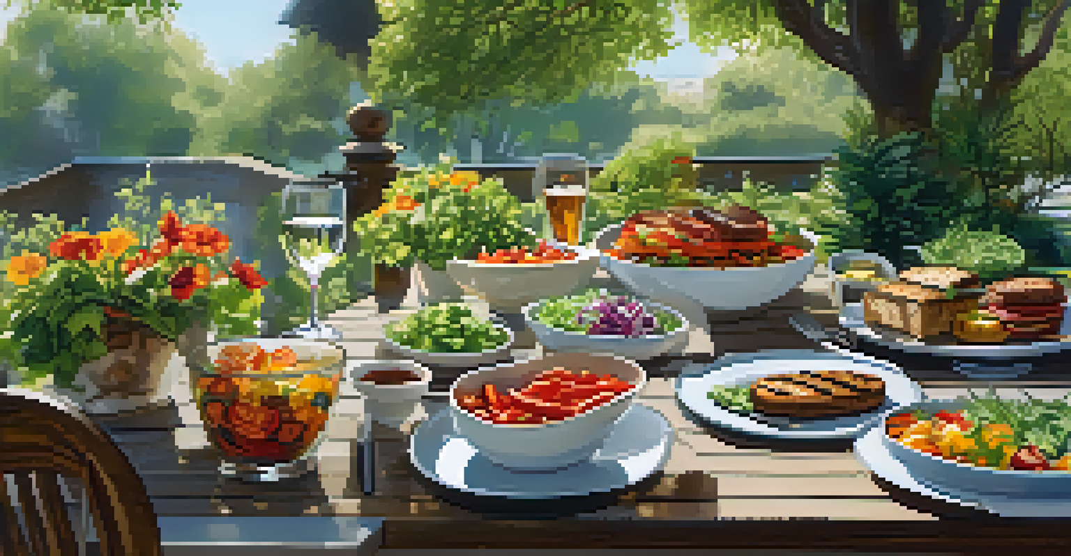 An outdoor dining setup with a variety of vegetarian dishes surrounded by greenery and flowers, illuminated by natural light.