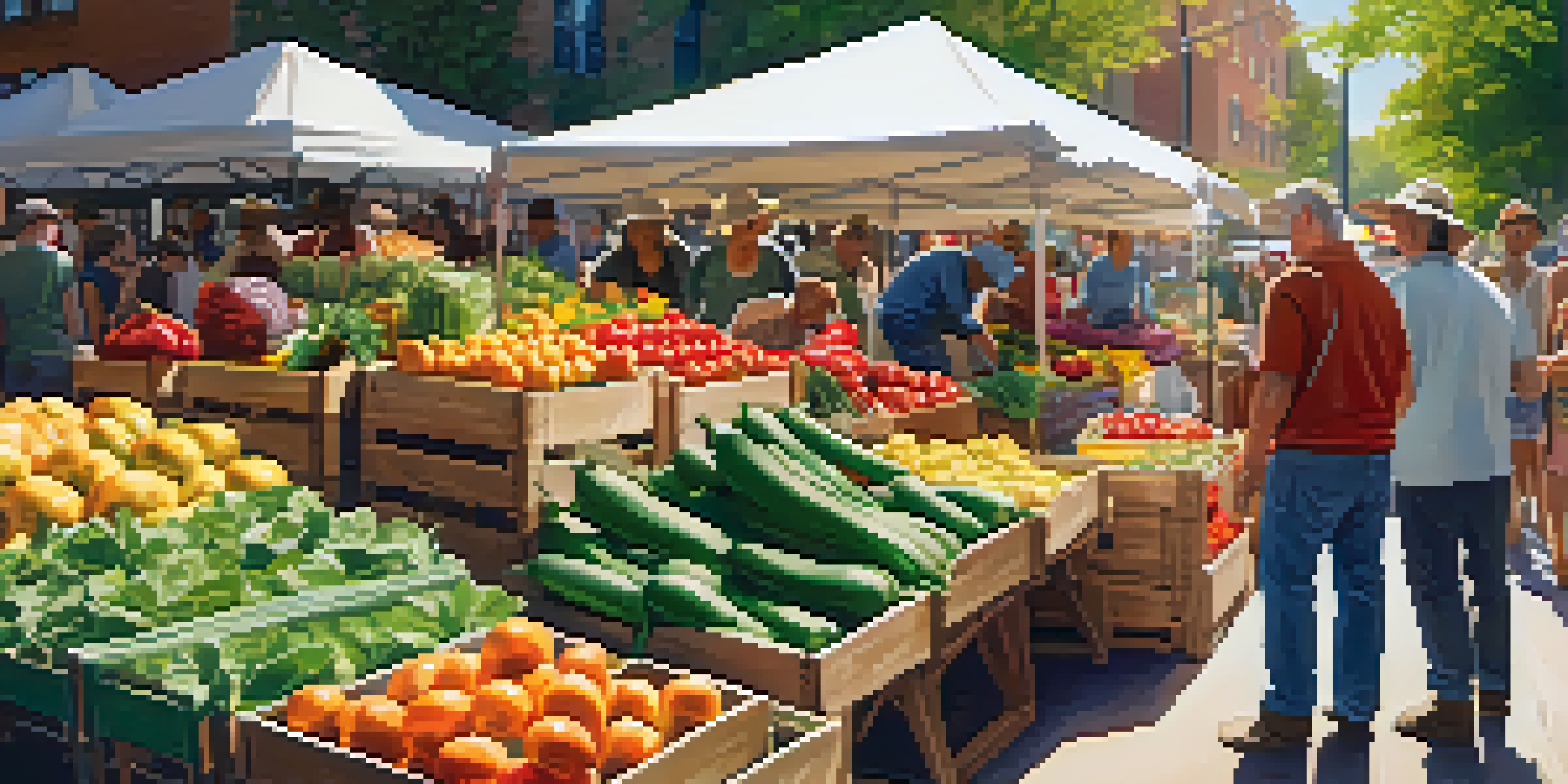A lively farmers' market filled with colorful fruits and vegetables, with people interacting with vendors under green canopies.