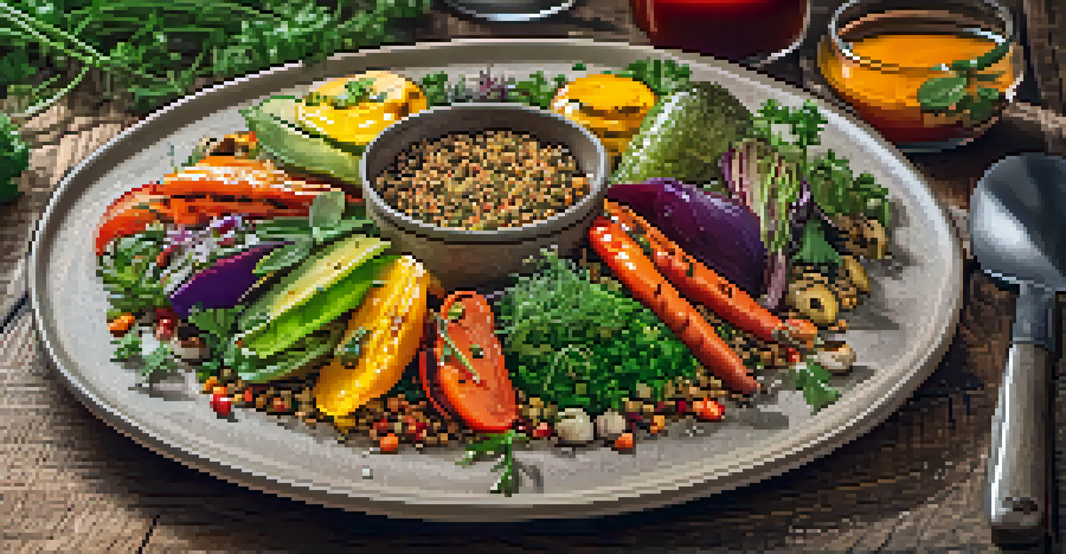 A gourmet vegetarian plate featuring colorful dishes and fresh herbs on a rustic table.
