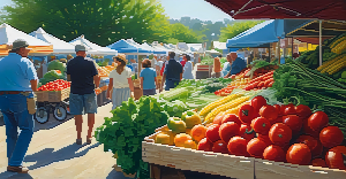 A bustling farmer's market with colorful fruits and vegetables, sunlight highlighting the fresh produce and people chatting in the background.