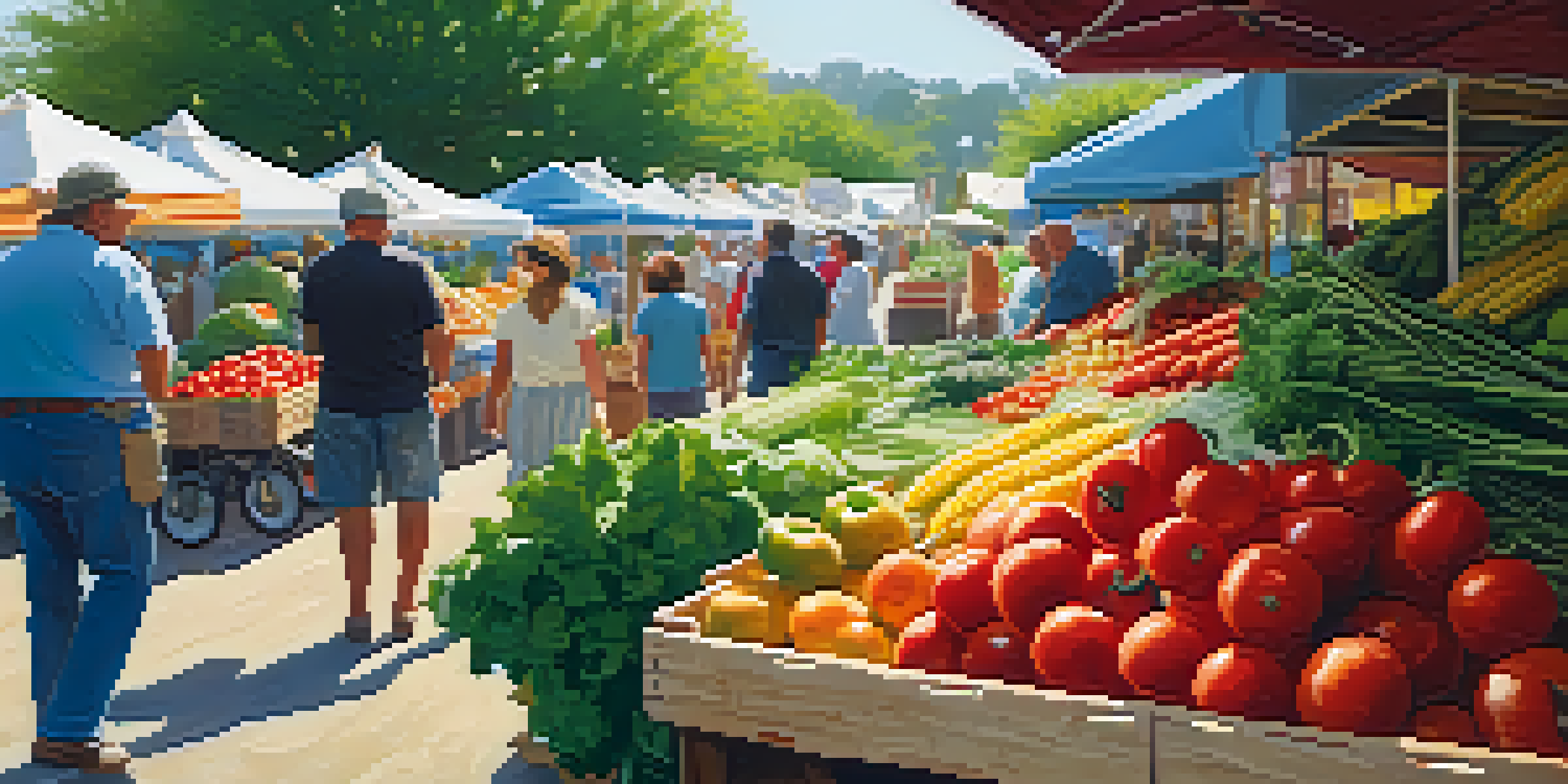 A bustling farmer's market with colorful fruits and vegetables, sunlight highlighting the fresh produce and people chatting in the background.