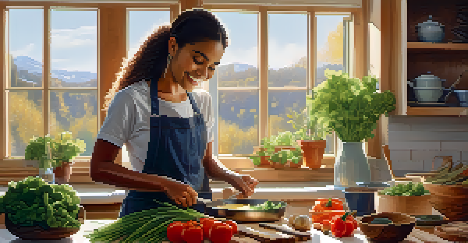 A young woman in a cozy kitchen chopping vegetables, with sunlight illuminating the space and a pot on the stove.