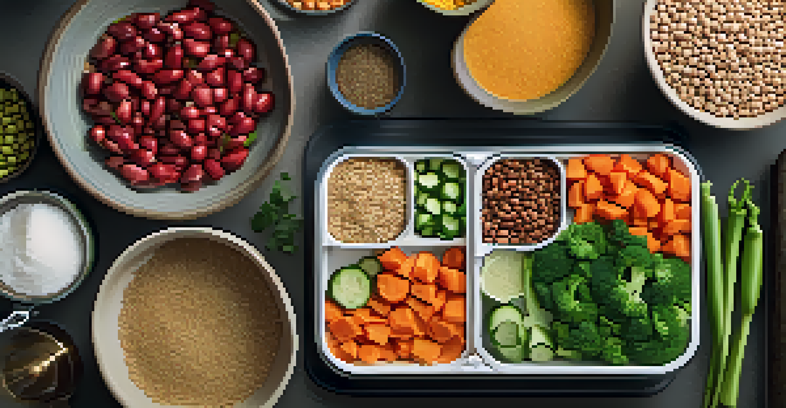 An organized meal prep scene with fresh vegetables, legumes, and whole grains on a chopping board, along with a measuring cup and a nutrition label.