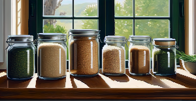 A kitchen countertop with jars of whole grains like quinoa, brown rice, and farro, accompanied by fresh herbs in pots, illuminated by natural light.