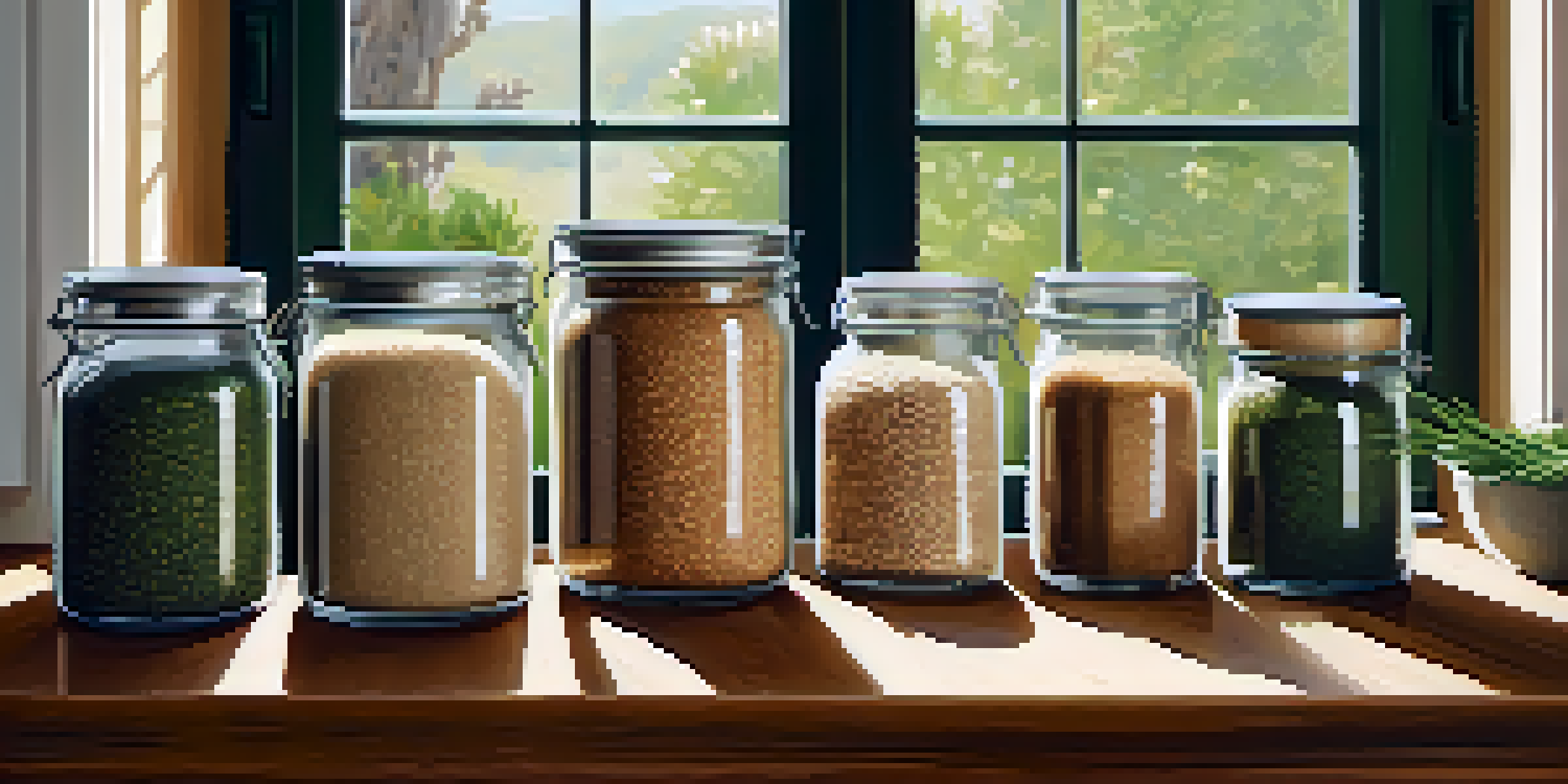 A kitchen countertop with jars of whole grains like quinoa, brown rice, and farro, accompanied by fresh herbs in pots, illuminated by natural light.