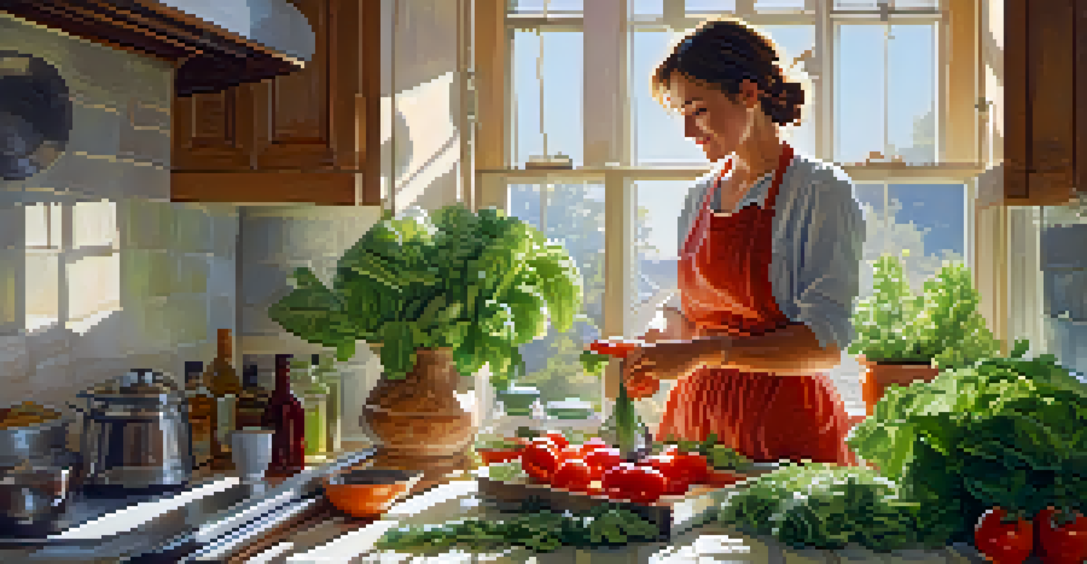 A person preparing a vegetarian dish in a bright, sunny kitchen filled with fresh vegetables.