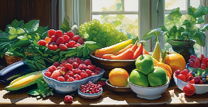 A colorful spread of raw vegan foods on a wooden table, including fruits, vegetables, nuts, and seeds, illuminated by natural sunlight.