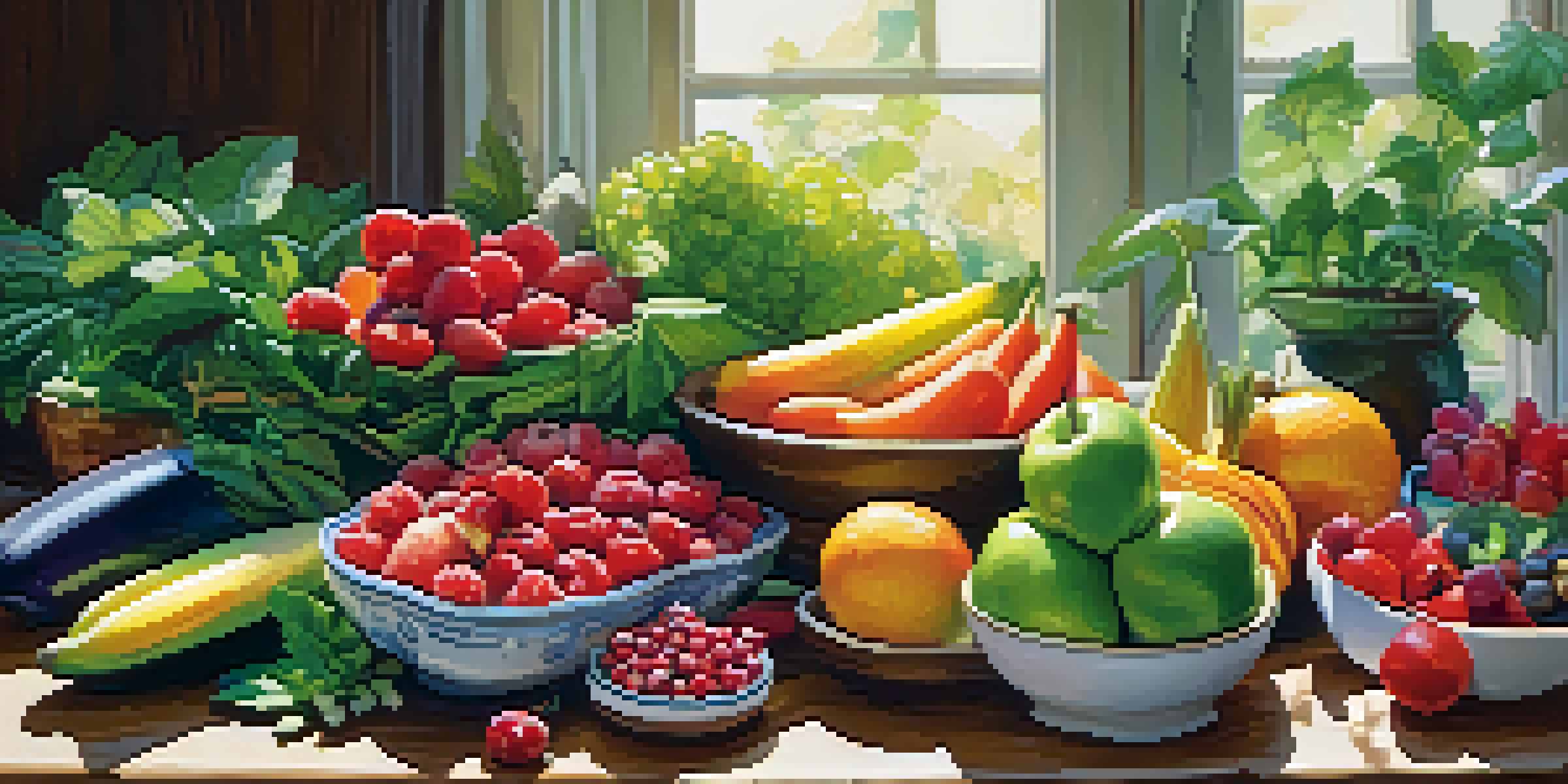 A colorful spread of raw vegan foods on a wooden table, including fruits, vegetables, nuts, and seeds, illuminated by natural sunlight.