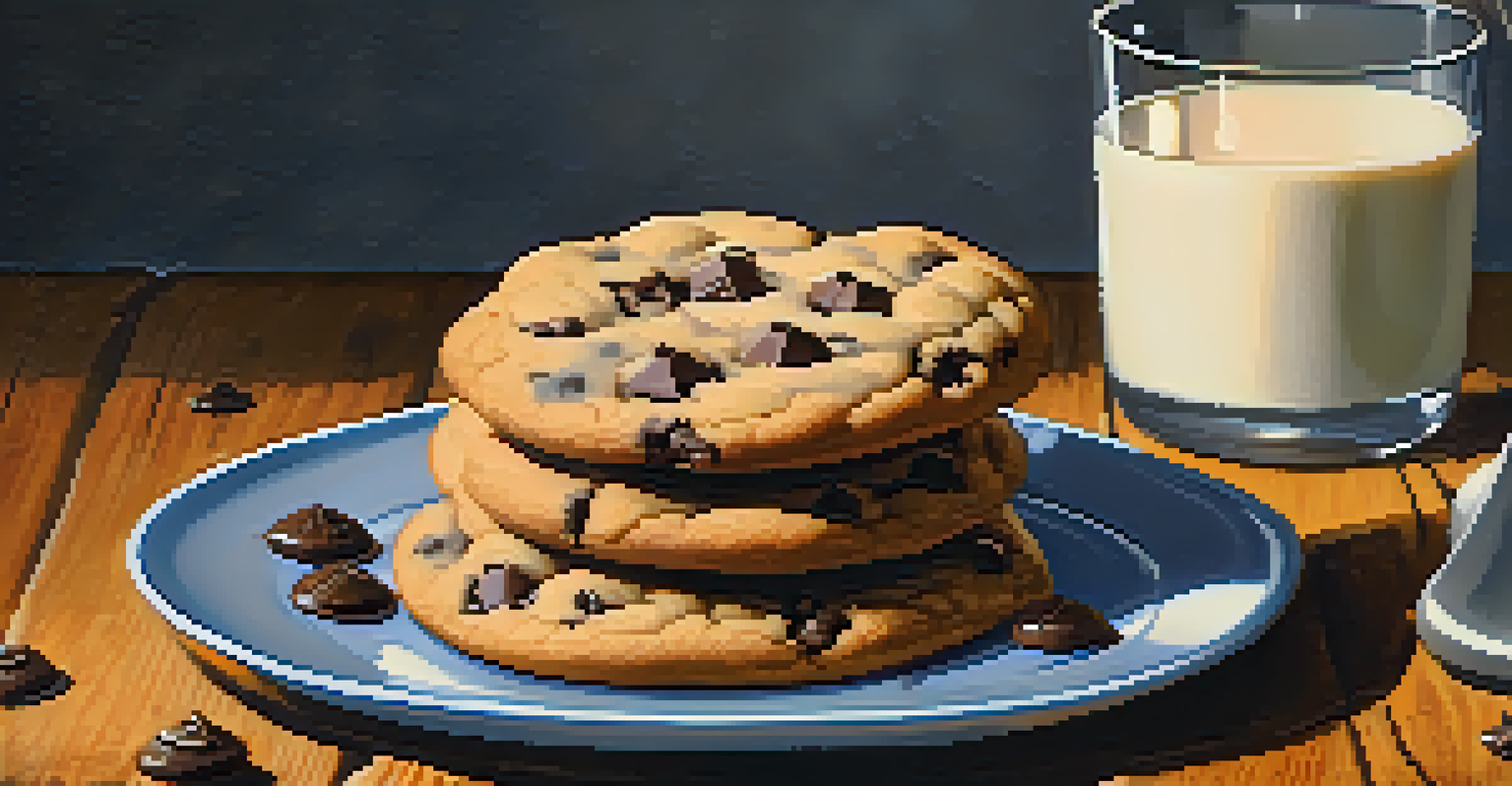 A plate of warm chocolate chip cookies with a glass of milk on a wooden table.