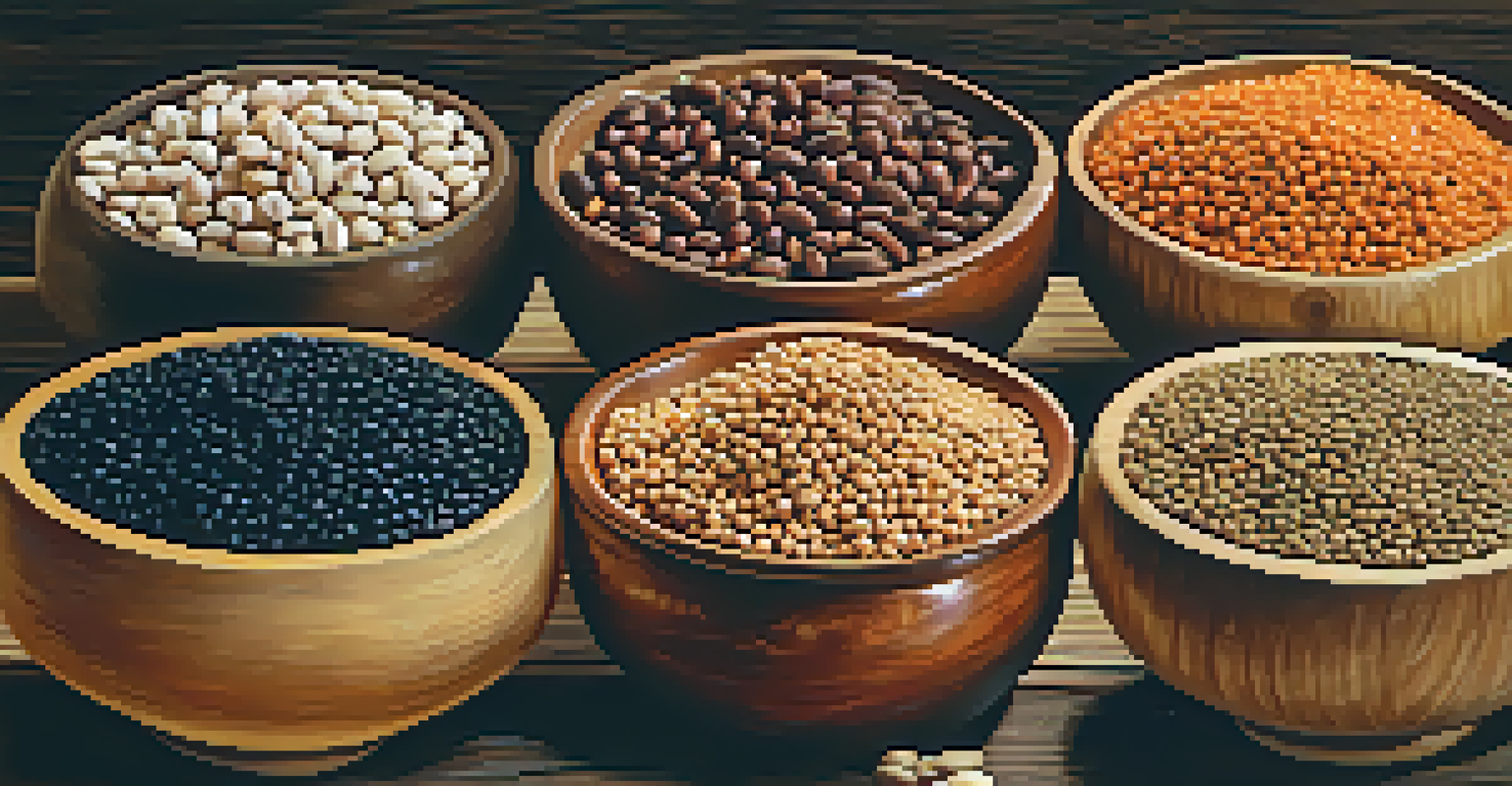 A close-up view of different legumes in wooden bowls, showcasing their textures and colors against a rustic background.