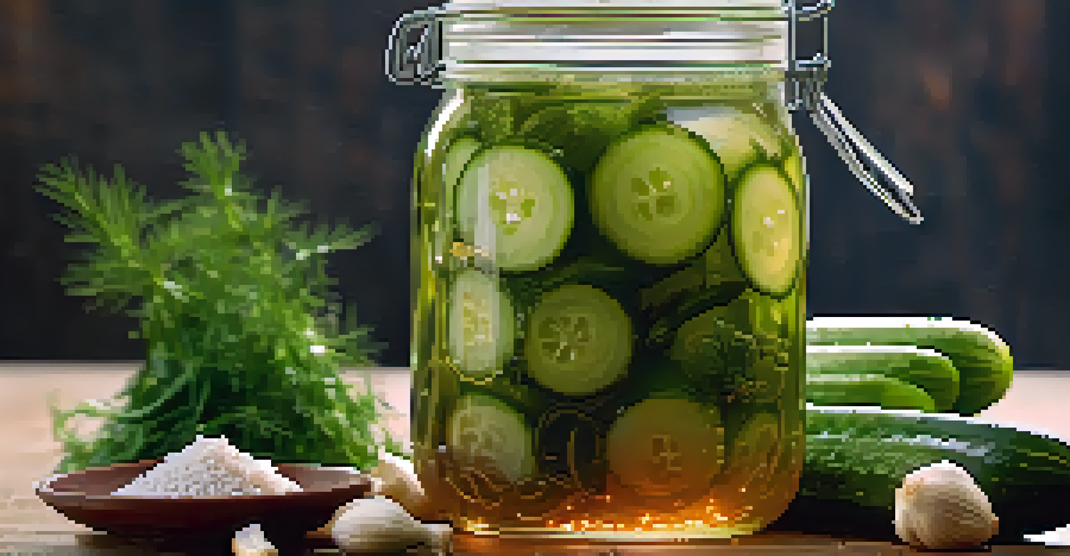 A jar of homemade fermented pickles with visible cucumbers and herbs, showcasing bubbles indicating fermentation.