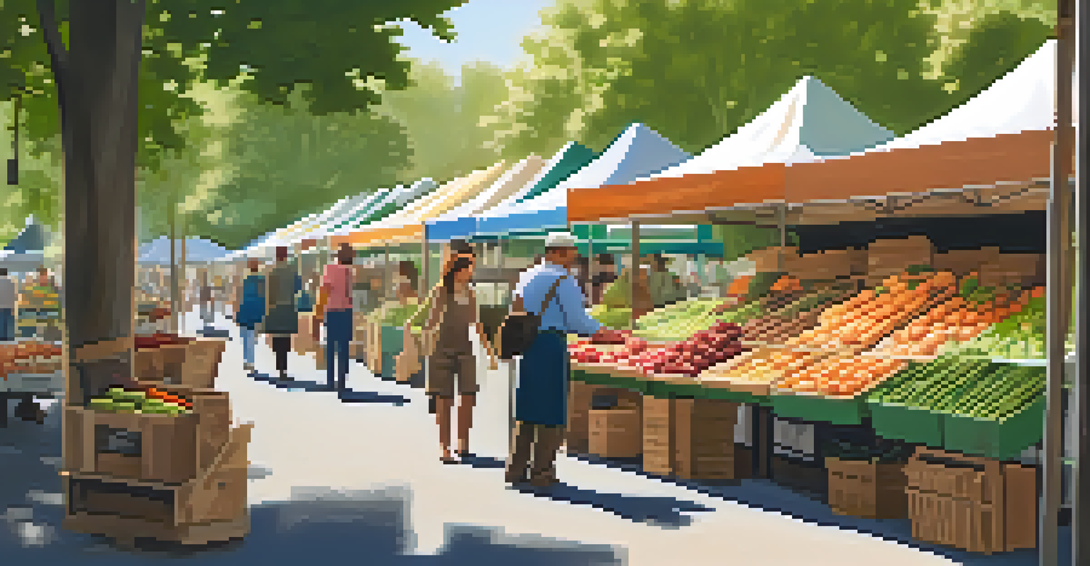 A farmer's market with stalls of fresh produce and vegetarian products, featuring signs for allergen-free options.