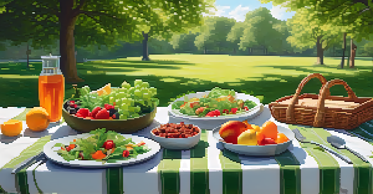 An outdoor picnic in a park with a blanket covered in plant-based dishes, surrounded by greenery.