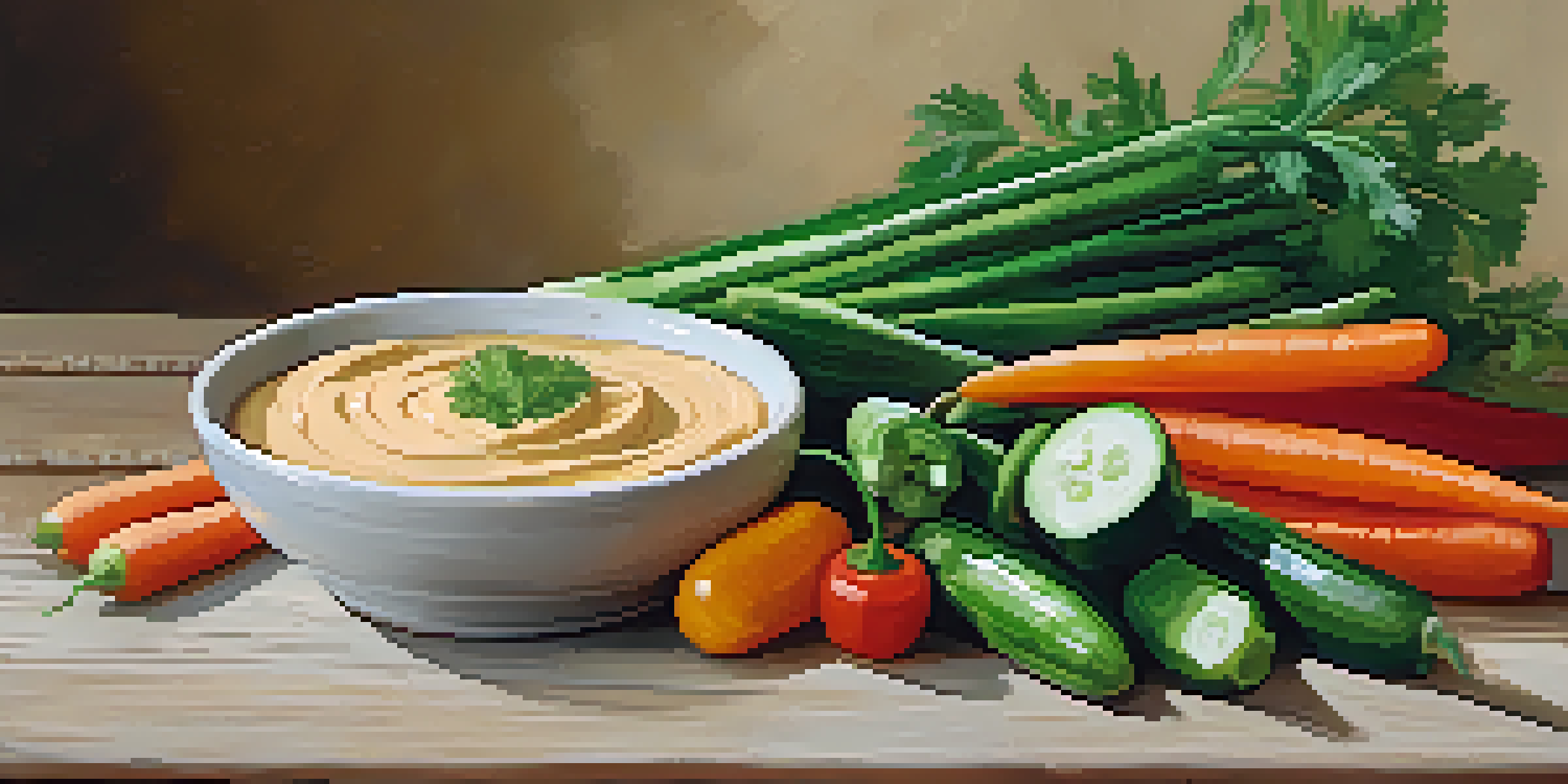 A colorful assortment of vegetable sticks including carrots, cucumbers, and bell peppers, with a bowl of hummus on a wooden table, illuminated by soft natural light.