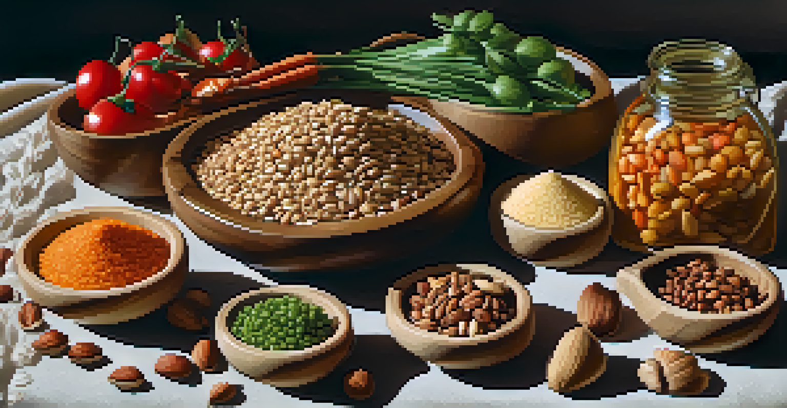A wooden bowl filled with sprouted grains and nuts, surrounded by raw vegetables and a jar of dressing, set on a textured cloth.