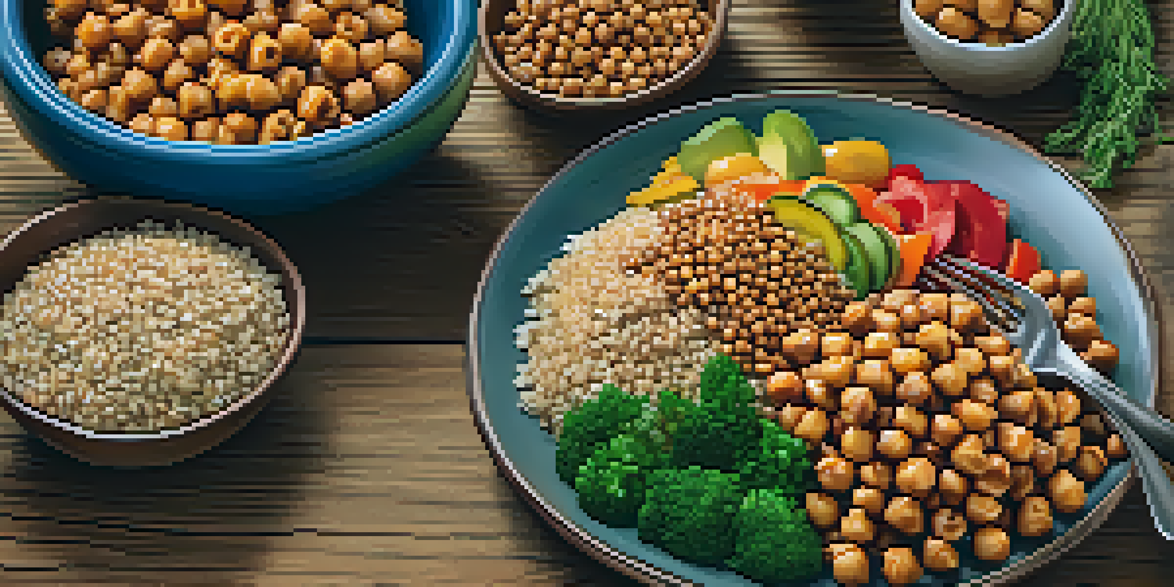 A colorful vegetarian meal with seasonal vegetables, grains, and roasted chickpeas on a rustic wooden table, illuminated by warm light.