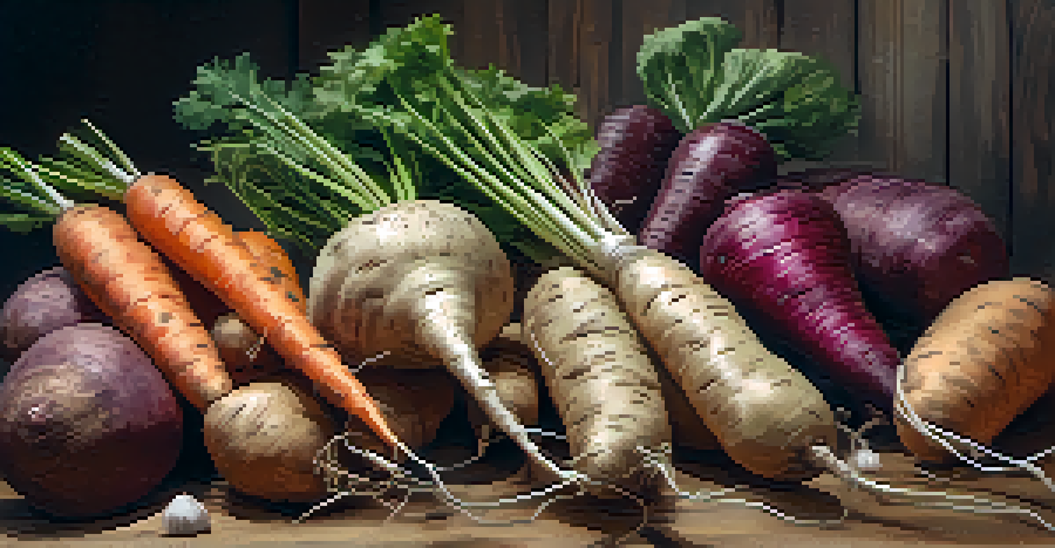 An assortment of unpeeled root vegetables including carrots and potatoes on a wooden cutting board in a kitchen setting.