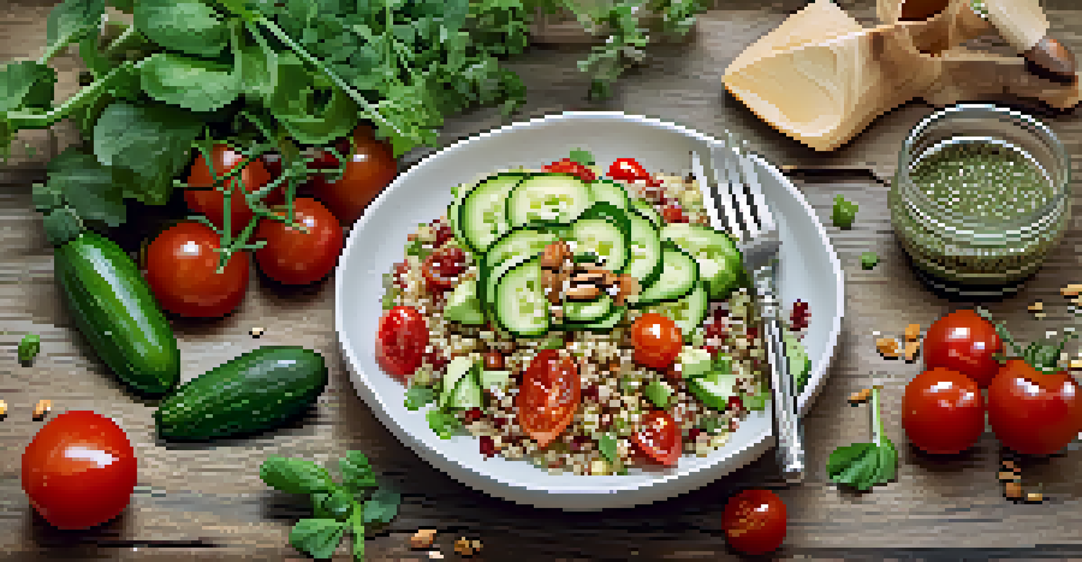 A flat lay of a quinoa salad with diced cucumbers, cherry tomatoes, and nuts, surrounded by fresh herbs, on a rustic wooden table.