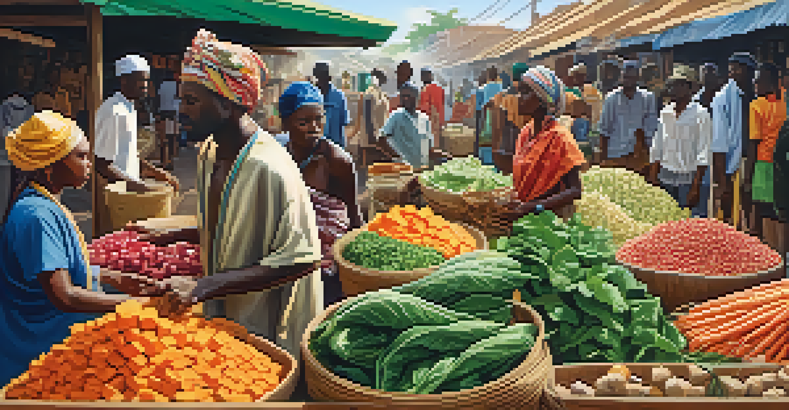 A lively East African market filled with fresh vegetables including collard greens, yams, and cassava, illuminated by bright sunlight.