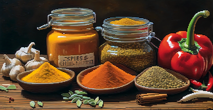 A colorful arrangement of spices on a wooden table, including turmeric, garlic, ginger, cinnamon, and chili peppers, highlighting their textures and colors.
