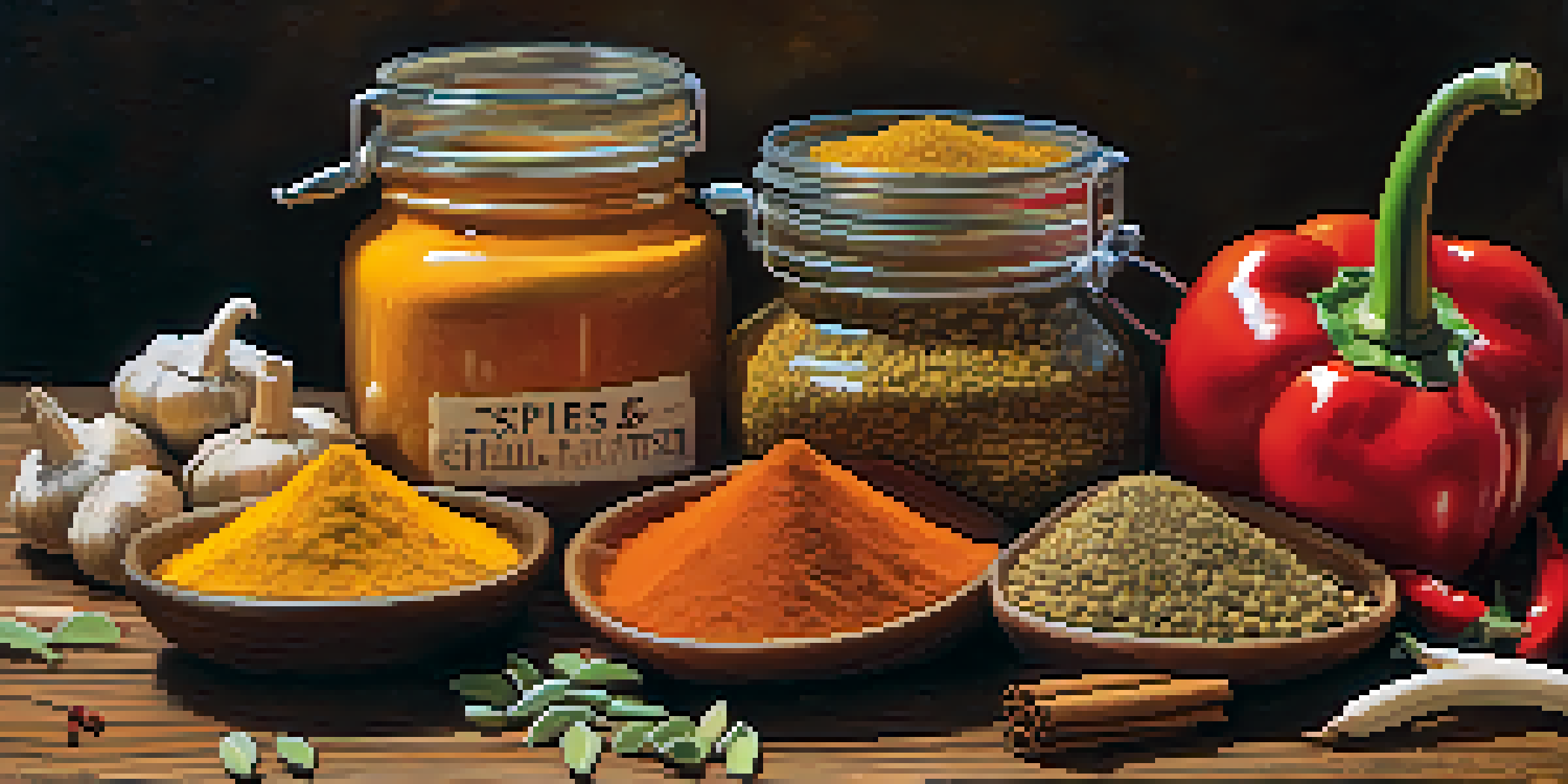 A colorful arrangement of spices on a wooden table, including turmeric, garlic, ginger, cinnamon, and chili peppers, highlighting their textures and colors.