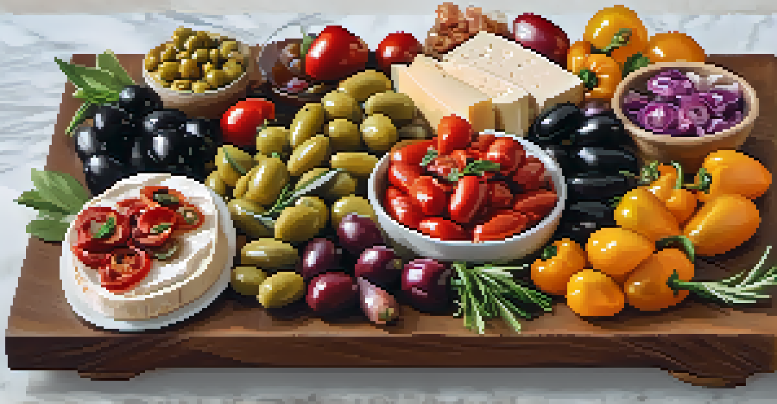 A colorful antipasto platter featuring marinated olives, roasted peppers, and cheeses, arranged on a wooden board.
