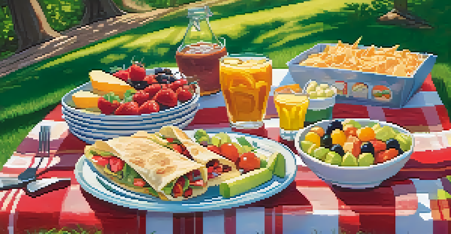 A picnic scene in a park with a spread of vegetarian snacks, including burritos and veggie chips, surrounded by nature.