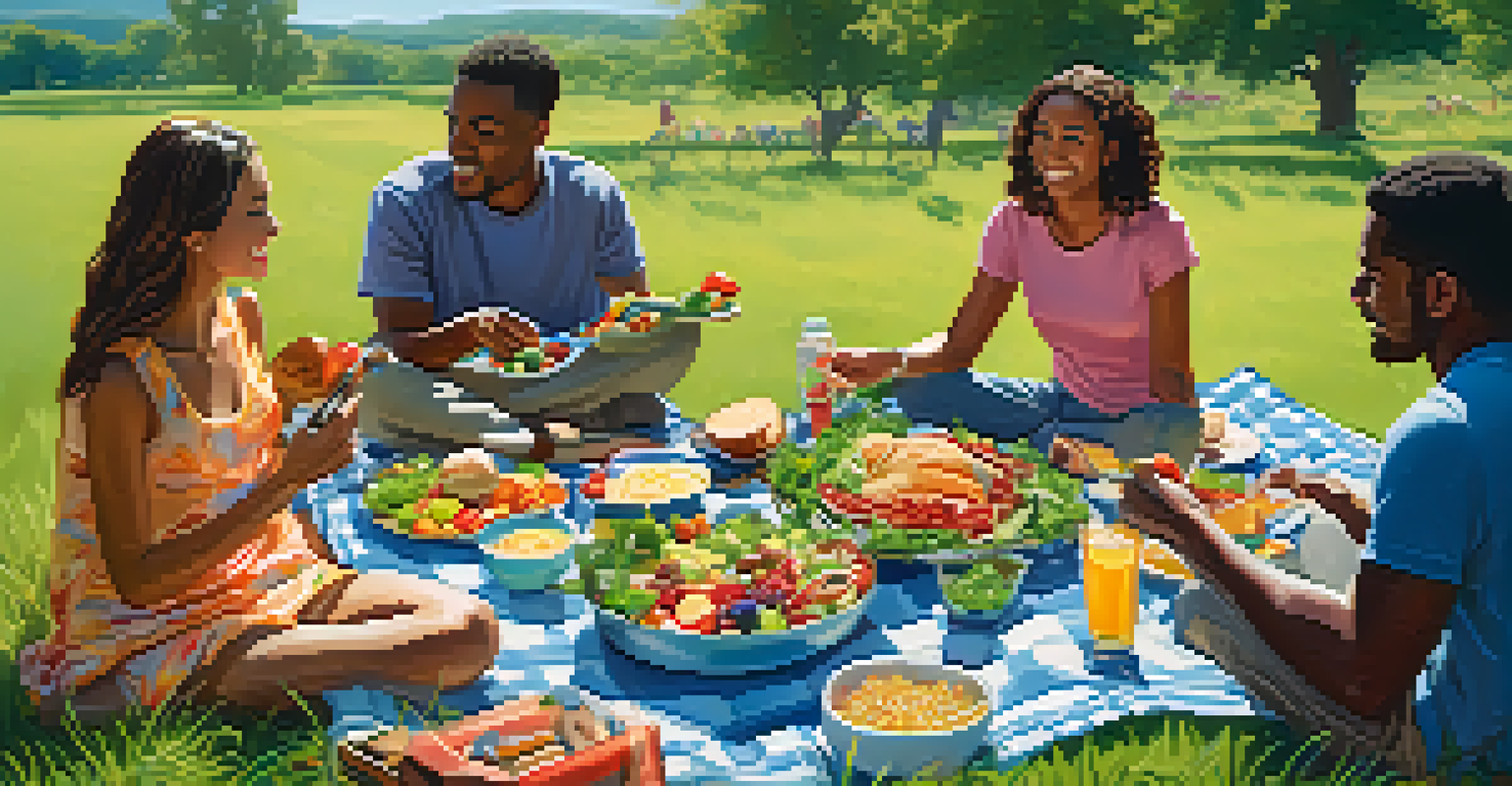 A joyful outdoor picnic with friends enjoying a variety of vegetarian dishes on a sunny day, set against a backdrop of greenery.