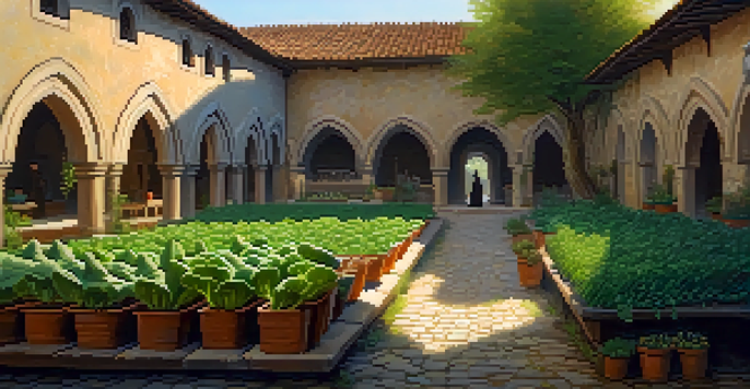 A peaceful monastery courtyard with monks caring for a vegetable garden, bathed in warm sunlight during golden hour.