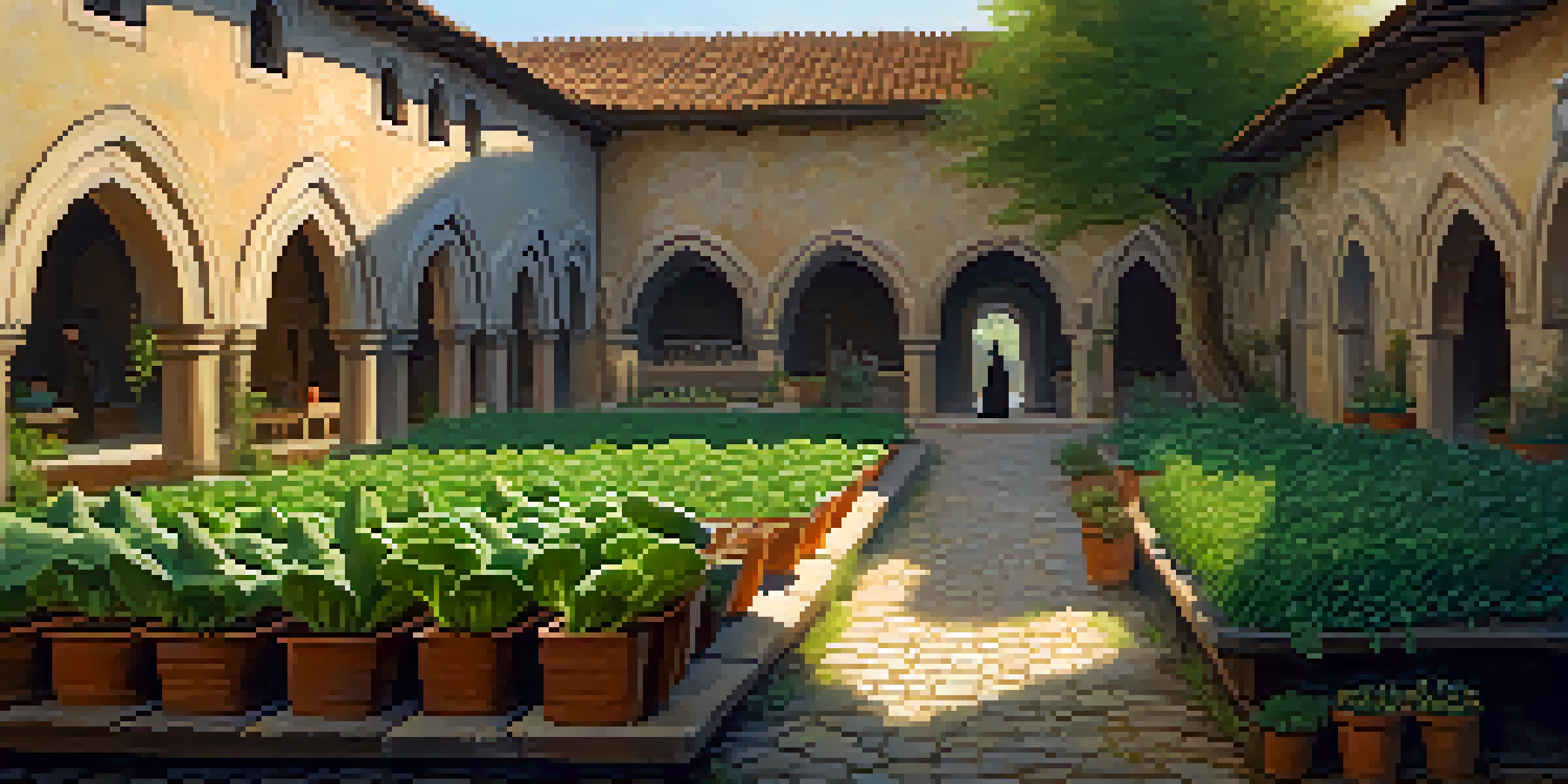 A peaceful monastery courtyard with monks caring for a vegetable garden, bathed in warm sunlight during golden hour.