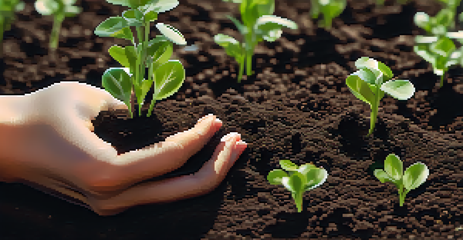 A close-up of a hand planting seeds in dark soil with green sprouts around it, set in a sunny garden.