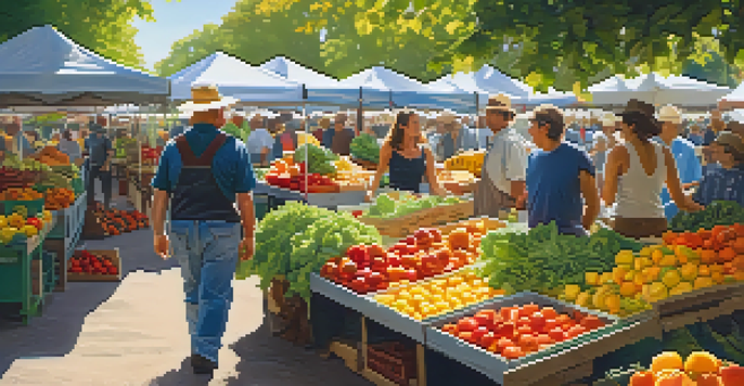 A lively farmer's market with colorful organic fruits and vegetables, surrounded by people interacting and enjoying the atmosphere.
