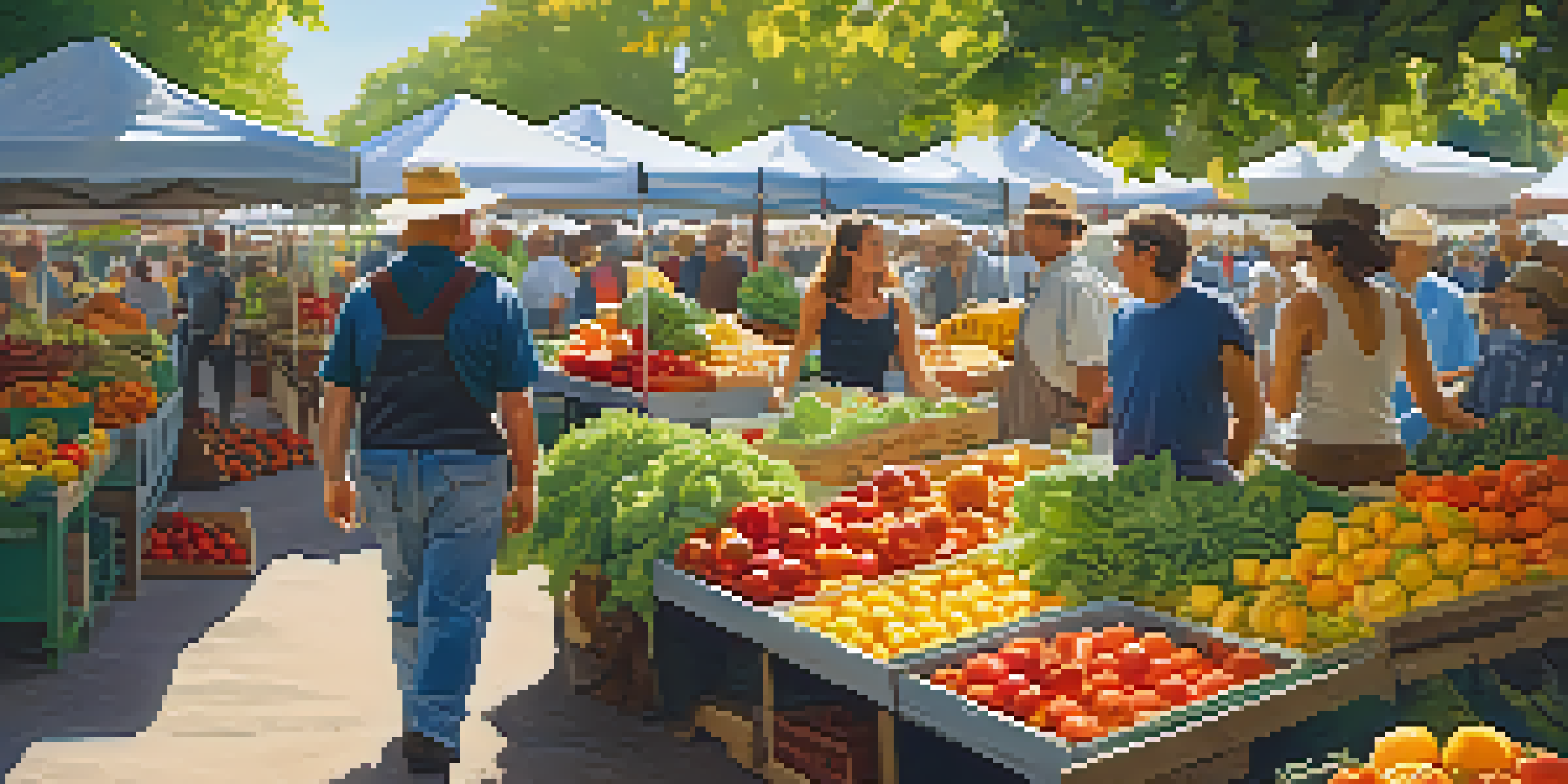 A lively farmer's market with colorful organic fruits and vegetables, surrounded by people interacting and enjoying the atmosphere.