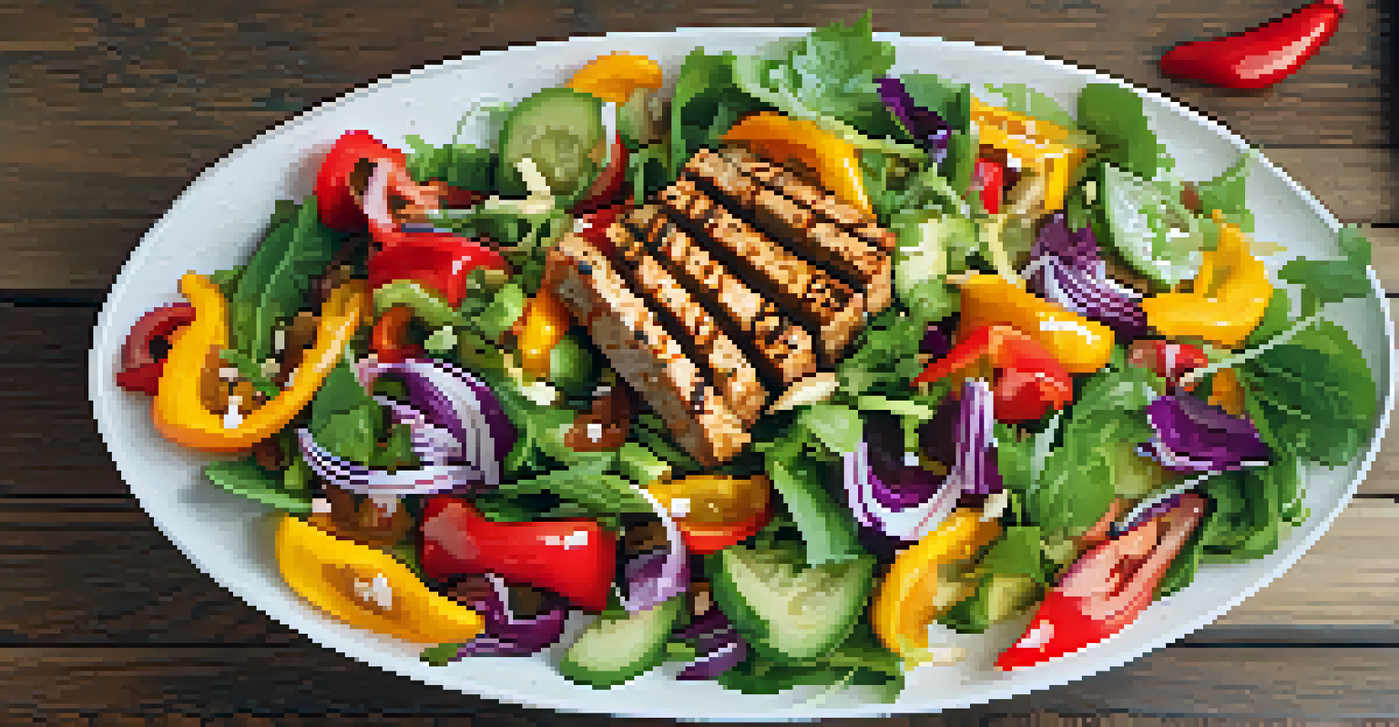 A colorful salad with grilled tempeh and bell peppers, topped with miso dressing, presented in a white bowl.